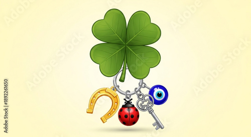 Four leaf clover charm with lucky symbols keychain ladybug horseshoe key and evil eye on yellow background