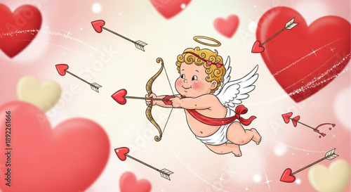 Adorable Cupid flying with bow and arrow on Valentine's Day