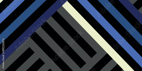 Abstract geometric pattern with intersecting diagonal stripes in black, blue, grey, and cream colors, creating a modern and dynamic visual design.