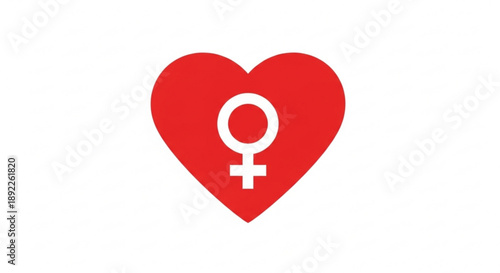 Red heart symbol with female sign on white background representing love and women's empowerment