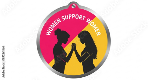 Women supporting each other solidarity symbol with 'women support women' text on pink and yellow background