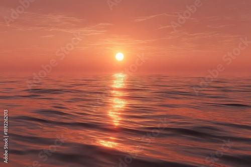 Serene Ocean at Sunset with Gentle Waves and Vibrant Orange Sky Reflecting Sunlight on the Water Surface Warm Glow Creates Tranquil Atmosphere