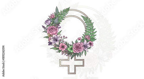 Venus symbol with floral wreath and pink roses on white background representing feminism and equality