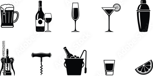 A collection of black silhouettes featuring various bar items including glassware and accessories