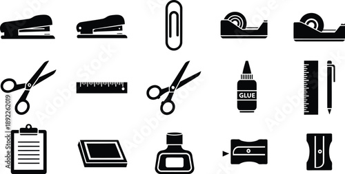 Black silhouettes representing essential office and school supplies on a white background
