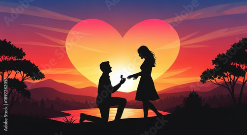 Man proposing to woman with ring at sunset by lake