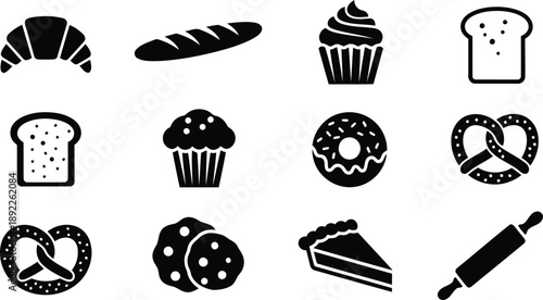 Set of simple bakery icons in black silhouette style, including bread, pastries, and baking tools