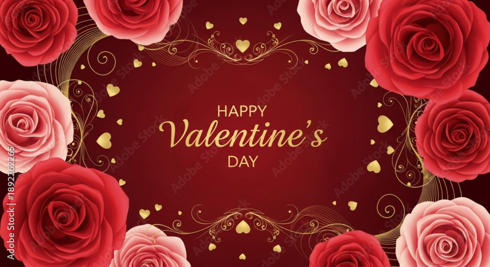 Fototapeta premium Romantic Valentine's Day greeting with roses and golden hearts