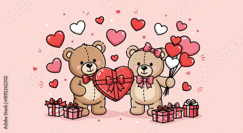 Cute teddy bears with hearts and gifts for Valentine's Day