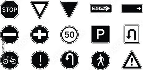 Set of black and white traffic signs illustrating various regulations and warnings for drivers