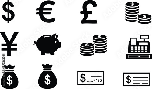 A set of black and white icons representing various financial and currency symbols