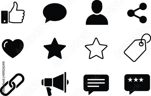 A collection of social media and website interface icons including like, share, and comment symbols