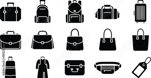 Collection of flat black icons representing travel bags, luggage, and accessories