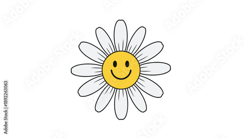 Cute daisy flower illustration with a happy yellow smiley face center and white petals isolated on a bright white background for positive vibes.