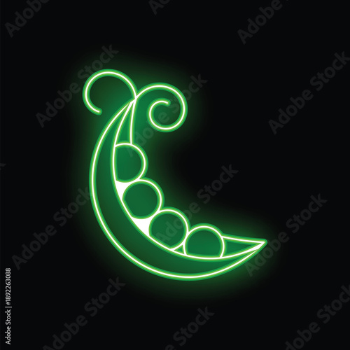 Green neon sign showing an open pea pod on a black background, great for vegan and vegetarian restaurants