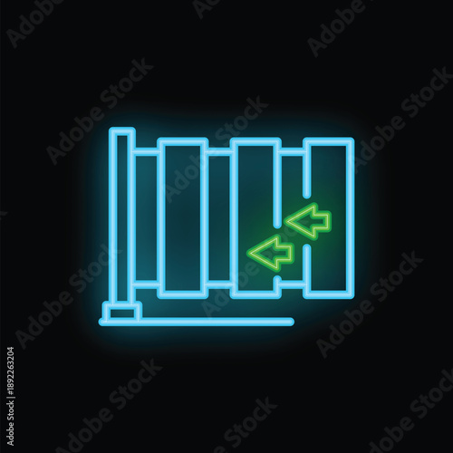 Neon green radiator icon glowing on dark background representing concepts such as winter, heat and home comfort