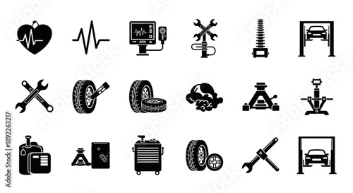 Creative Automotive Workshop Equipment Black Silhouette Icon Set – 18 Unique Garage Tools in 4K