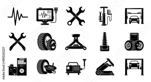 This exclusive set of twelve black vector icons presents fresh and symbolic automotive workshop concepts through clean silhouettes and minimal design. Featuring creative interpretations of garage 