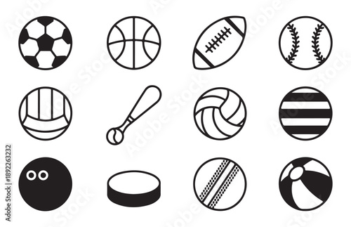 Sports ball icons set featuring football basketball baseball soccer and equipment for various games