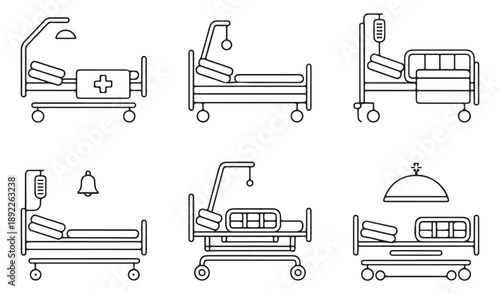 Hospital bed furniture icons for medical ward care featuring intensive care unit monitoring systems