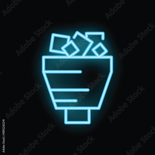 Glowing blue neon sign of a mining cart full of ore on a black background
