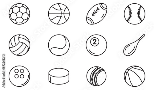 Athletic ball icons collection for sports activities including basketball soccer rugby and tennis kit