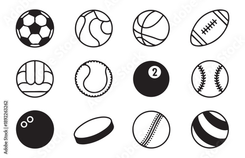 Sport ball solid and line icon collection with soccer, basketball, american football, volleyball