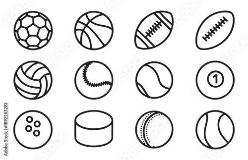 Sport ball line icon collection with soccer, basketball, american football, rugby, volleyball and more