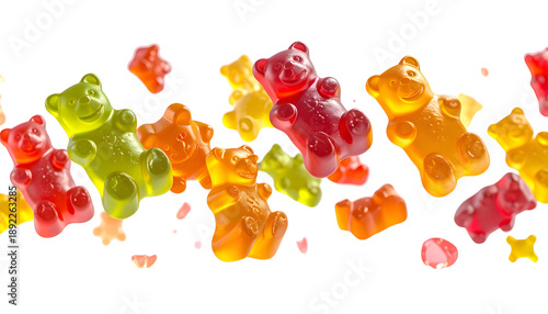 Floating, vibrant, gummy bear candies of various colors scattered on a black background