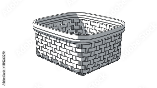 Simple gray woven rectangular storage basket illustration with realistic texture and shadows isolated on a clean white background for interior design.