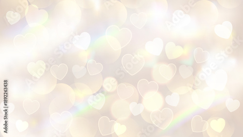 Exclusive Soft Vanilla Design Asset, Elegant 3D Hearts on Iridescent Bokeh Background with Sun Flare Prism Effects, High-Quality Vector Illustration.