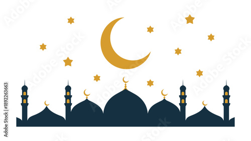 Serene Night of Celebration: Silhouette of a mosque during a religious event, where the crescent moon and stars grace the night sky. Witness the tranquil scene.