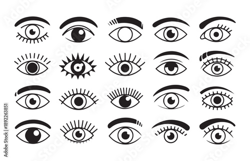 Black and white line art eye icon collection, simple and clean, for design elements and logos