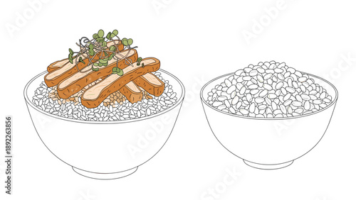 Traditional Japanese katsu donburi illustration featuring breaded pork cutlets on rice and a separate bowl of plain steamed rice.