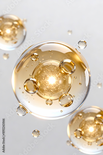 Transparent golden spheres with internal light reflections and floating particles, suggesting fluid, cosmetic, or scientific elements with a glossy, abstract aesthetic.