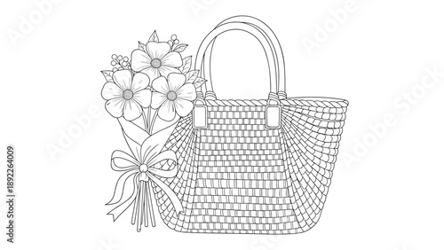 Beautiful black and white line drawing of a woven tote bag accompanied by a lovely bouquet of flowers tied with a bow.