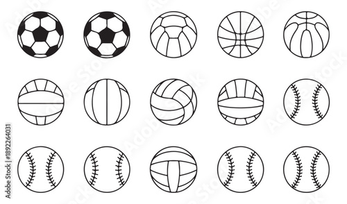 Set of minimalist sports ball icons including soccer basketball volleyball baseball and more sports