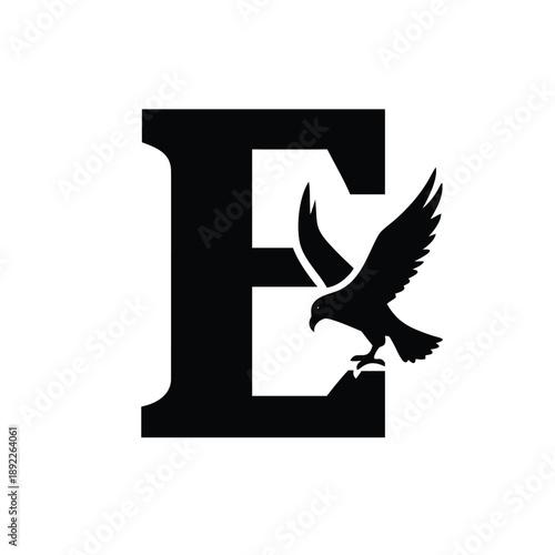 Eagle forming letter E in negative space illustration