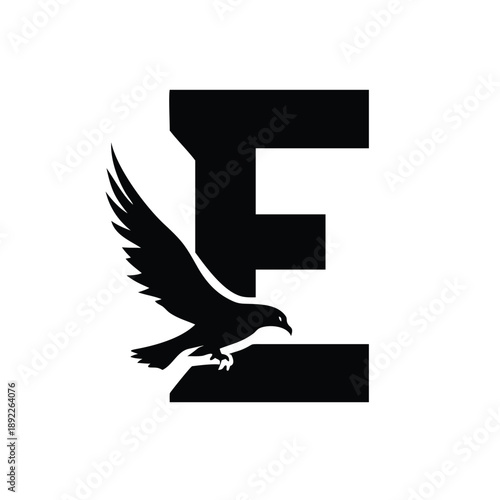 Eagle soaring near capital letter E illustration