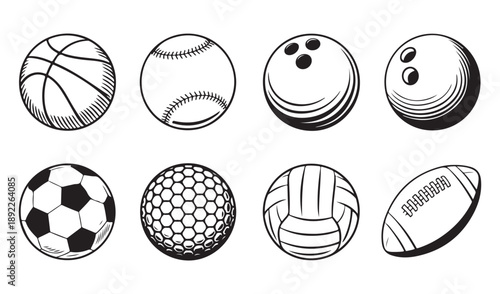 Set of eight diverse sports balls including basketball soccer baseball and bowling isolated on white