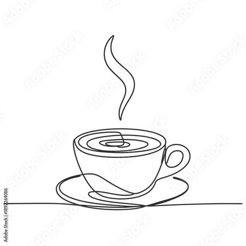 Minimalist line art of a steaming cup of coffee on a saucer symbolizing morning routines and relaxation