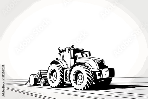 Monochrome Tractor with Agricultural Equipment for Farming Operations in a Field Ready for Cultivation and Harvesting