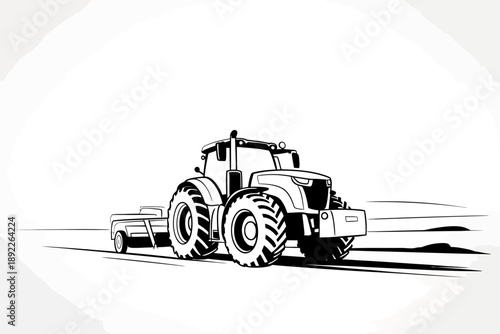 Black and white illustration of a modern tractor pulling a small trailer in a field ready for planting crops