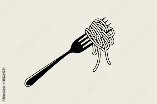 Illustration of spaghetti on a fork ready to eat Italian cuisine pasta for lunch or dinner black and white graphic minimal design