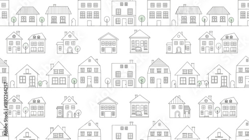 Seamless pattern of minimalist line art houses and small trees representing a quiet and cozy suburban neighborhood on a white background.