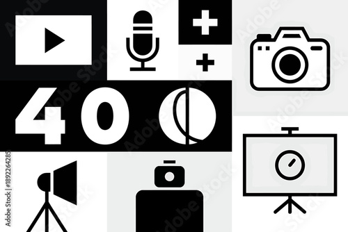 Creative Black and White Iconography Depicting Multimedia Content Creation Process and Camera Equipment Displaying Various Visual Elements and Icons