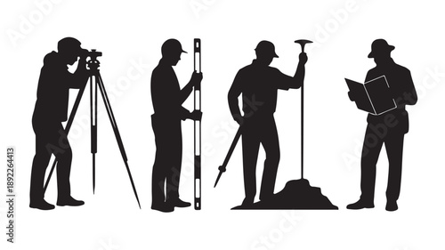 Vector Illustration Of Silhouette Surveyors Working With Equipment For Construction And Mapping Concept