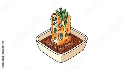 Appetizing illustration of a crispy breaded food item dipped into a savory brown sauce topped with fresh green onions in a bowl.