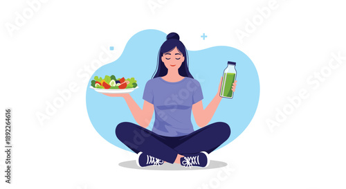 Young woman meditating in a lotus position, balancing a healthy salad and a green smoothie, promoting a balanced diet.