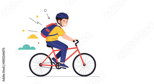 Young boy wearing a helmet and backpack, happily riding his bicycle, representing an active and healthy childhood.